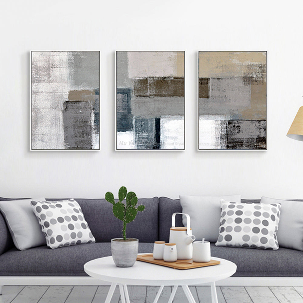 Abstract Mountain Landscape Oil Painting in Gray and Beige Tones