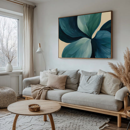 Teal Green Leaf Abstract Oil Painting for Modern Home Decor