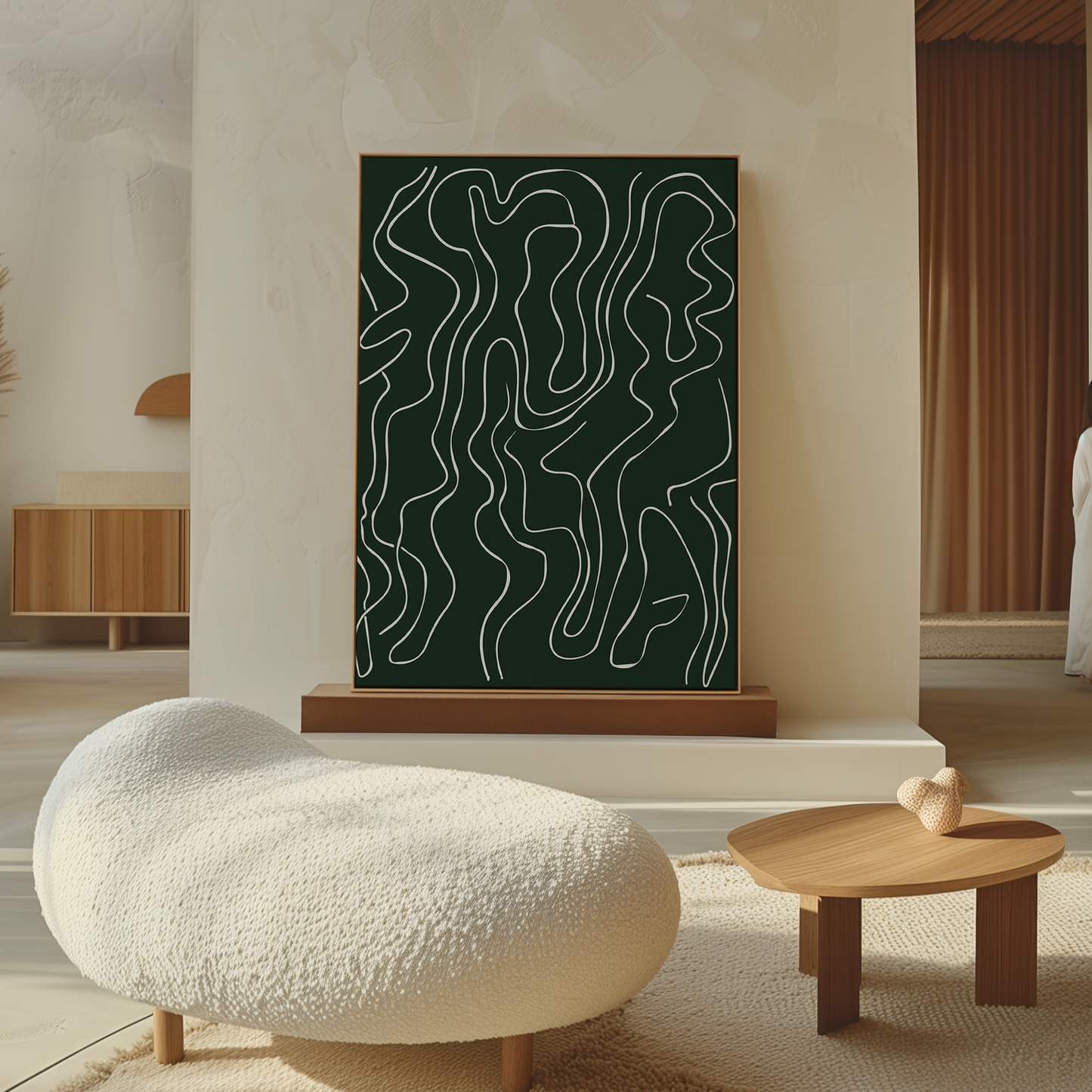 Abstract Emerald Green Canvas Art with Flowing White Lines for Modern Decor