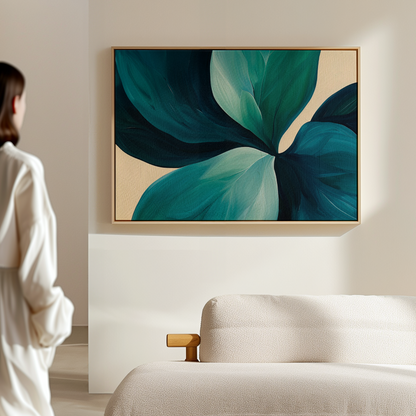 Teal Green Leaf Abstract Oil Painting for Modern Home Decor