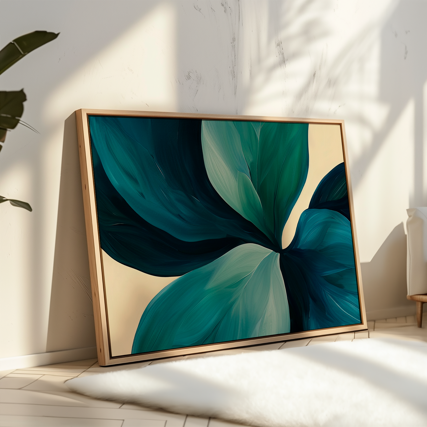 Teal Green Leaf Abstract Oil Painting for Modern Home Decor