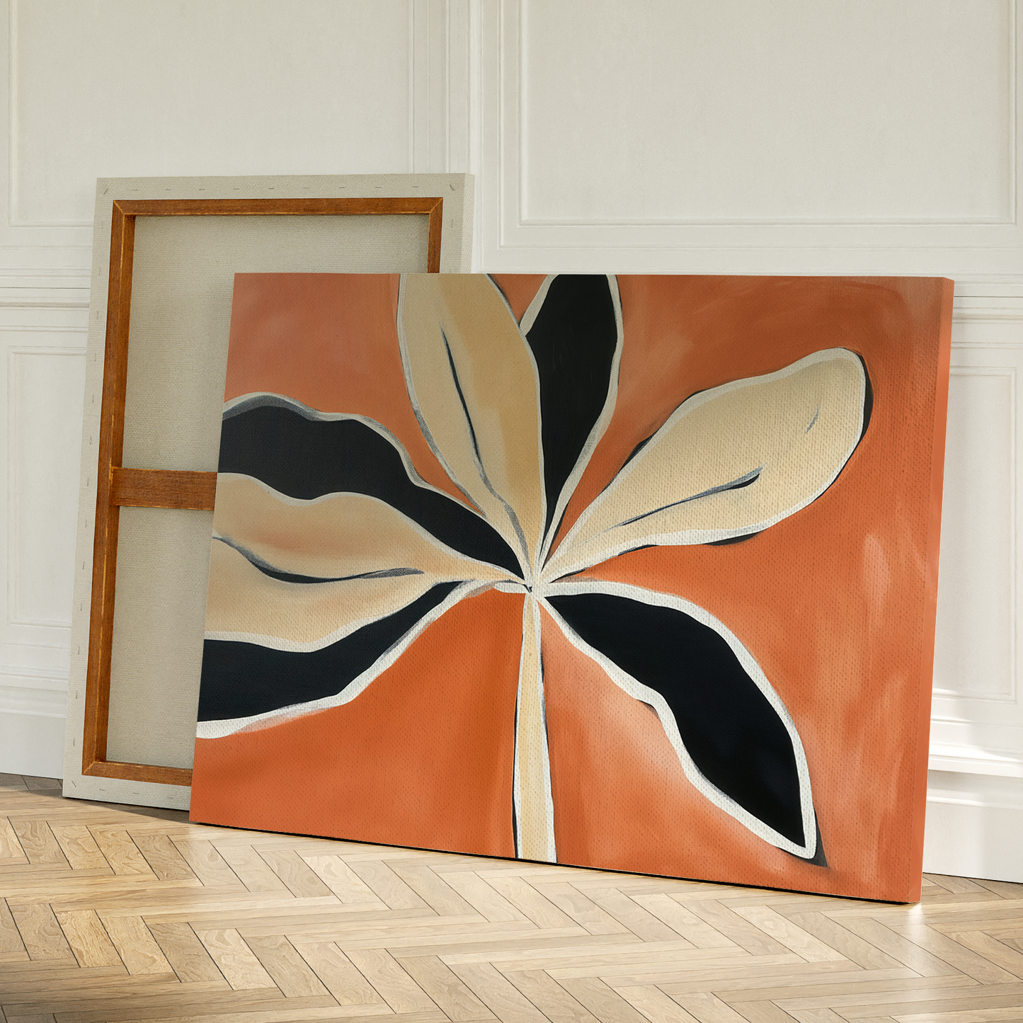 Vibrant Abstract Oil Painting of Leafy Flora on Warm Orange Canvas