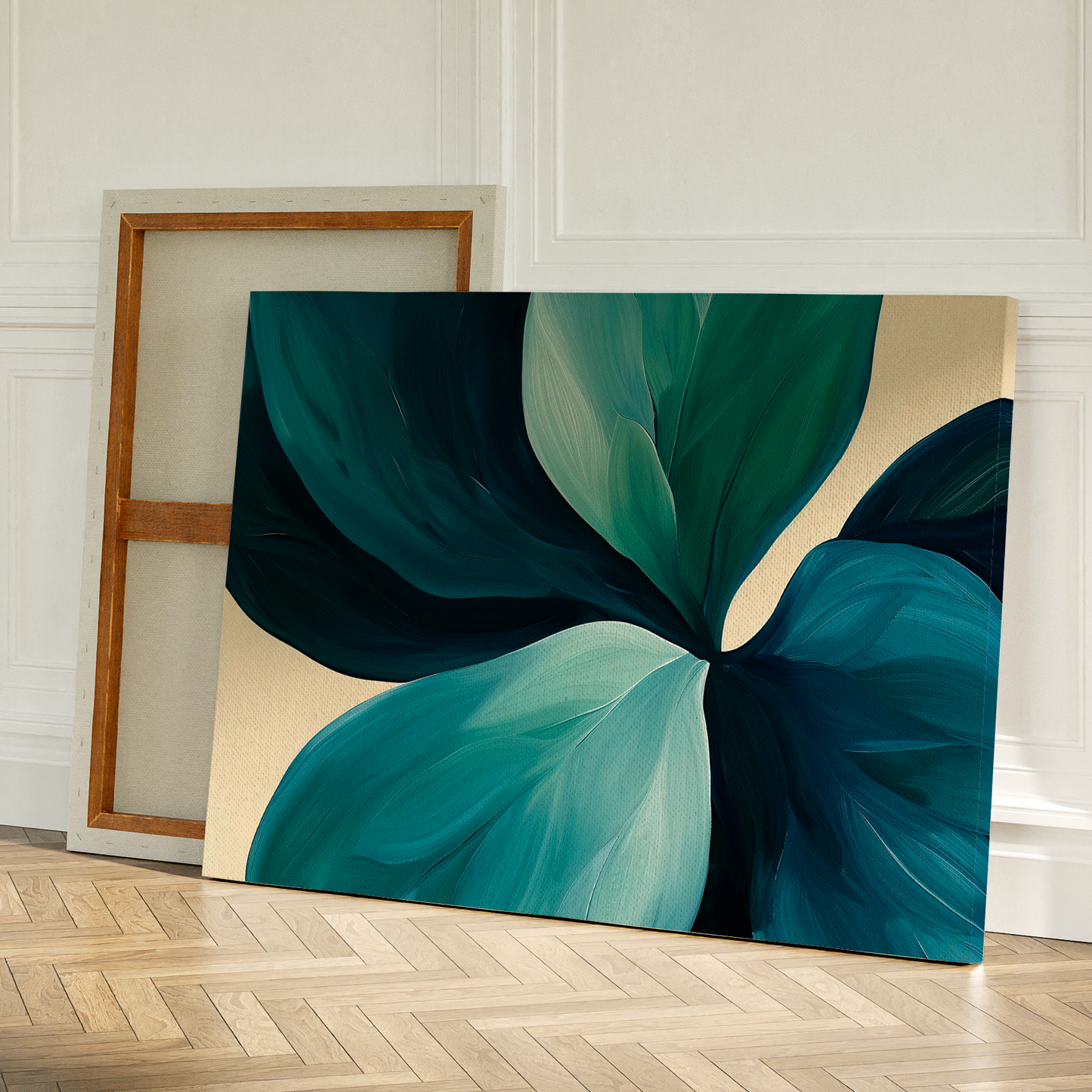 Teal Green Leaf Abstract Oil Painting for Modern Home Decor