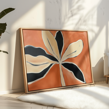 Vibrant Abstract Oil Painting of Leafy Flora on Warm Orange Canvas