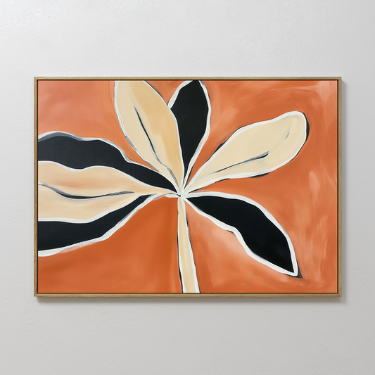 Vibrant Abstract Oil Painting of Leafy Flora on Warm Orange Canvas