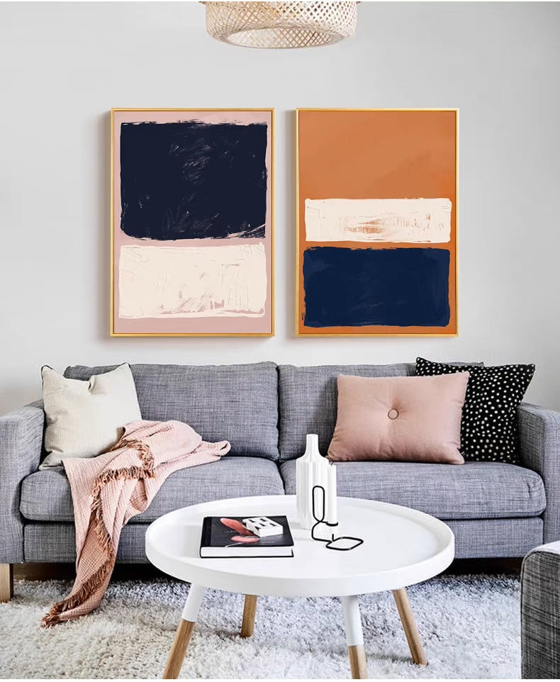 Abstract Oil Painting Duo in Navy and Warm Tones for Modern Home Decor