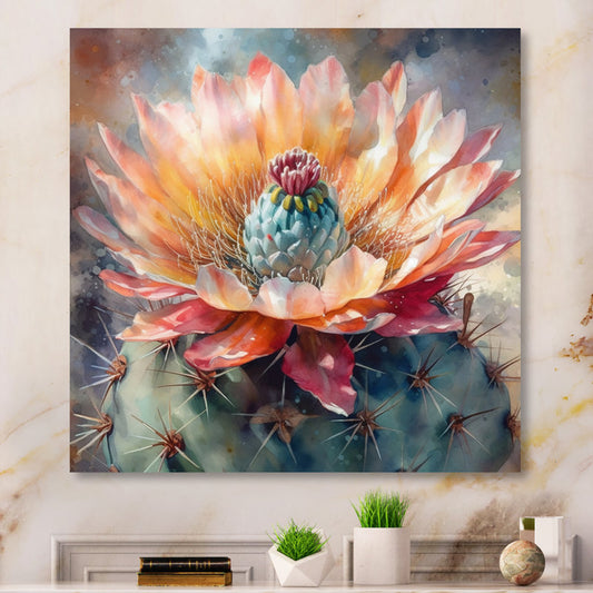 Vibrant Cactus Flower Oil Painting in Orange and Green Tones