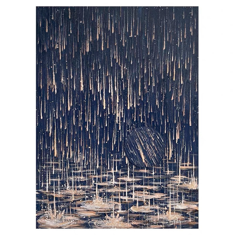 Serene Water Dance: Expressive Oil Painting of Raindrops and Lilies
