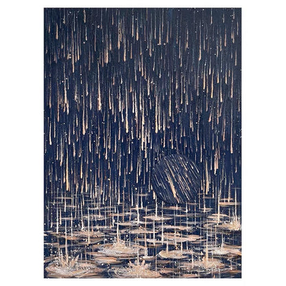 Serene Water Dance: Expressive Oil Painting of Raindrops and Lilies