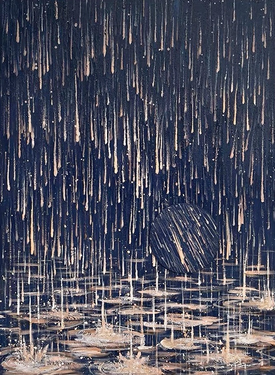 Serene Water Dance: Expressive Oil Painting of Raindrops and Lilies