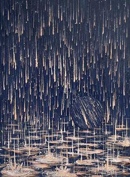 Serene Water Dance: Expressive Oil Painting of Raindrops and Lilies