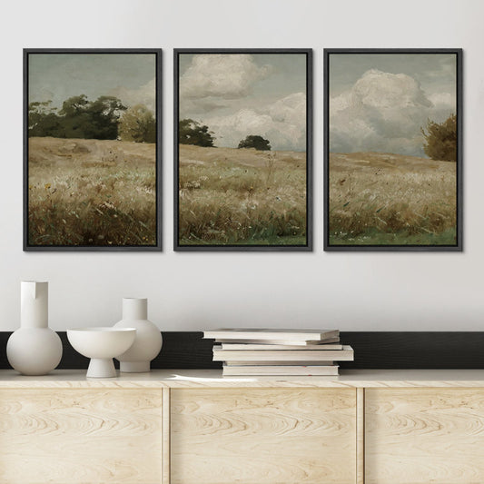 Vintage Meadow Landscape Oil Painting Triple Panel Wall Art for Rustic Decor