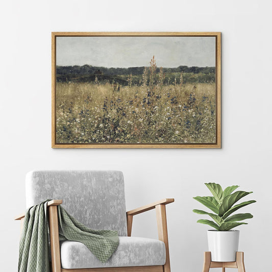 Rustic Wildflower Landscape Oil Painting for Cozy Farmhouse Decor