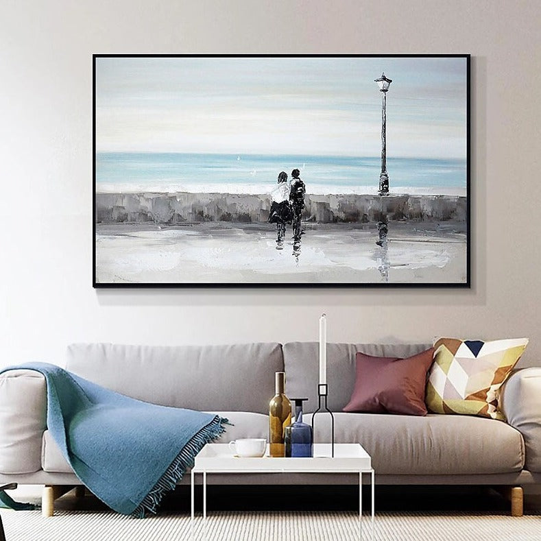 Romantic Seaside Stroll - Elegant Oil Painting of Couples by the Ocean