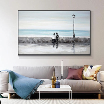 Romantic Seaside Stroll - Elegant Oil Painting of Couples by the Ocean