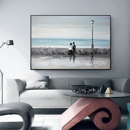 Romantic Seaside Stroll - Elegant Oil Painting of Couples by the Ocean