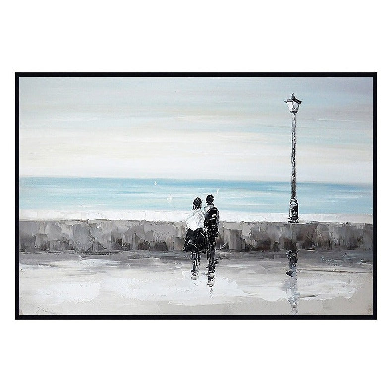 Romantic Seaside Stroll - Elegant Oil Painting of Couples by the Ocean