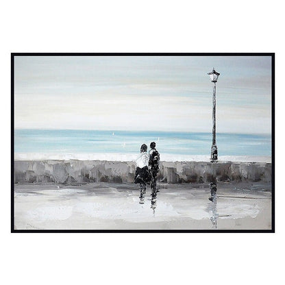 Romantic Seaside Stroll - Elegant Oil Painting of Couples by the Ocean