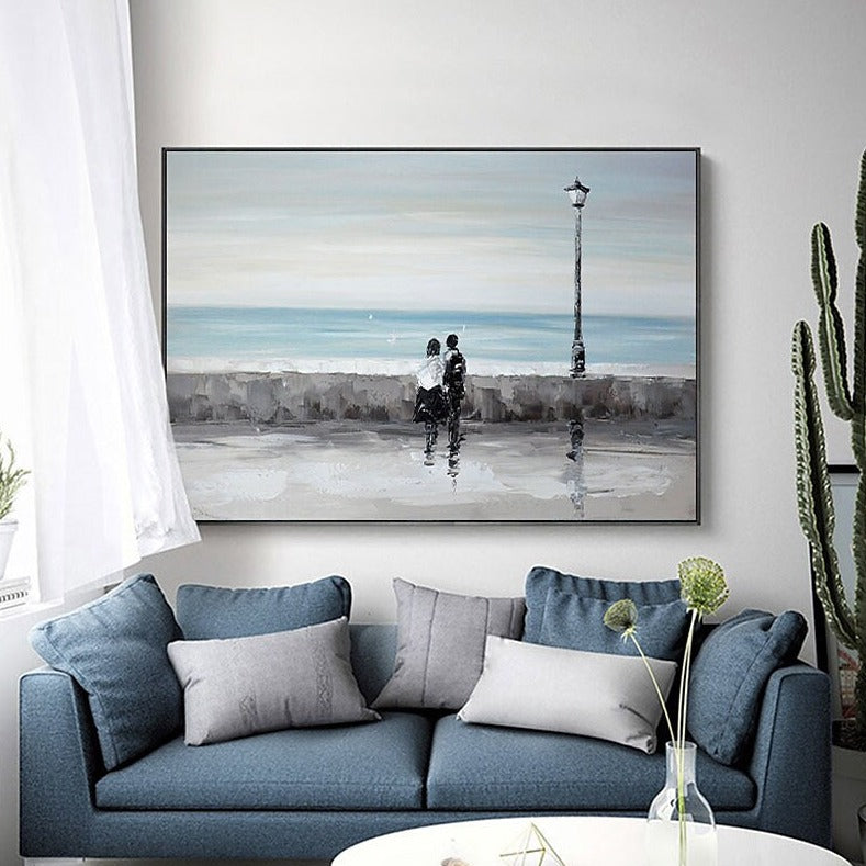 Romantic Seaside Stroll - Elegant Oil Painting of Couples by the Ocean