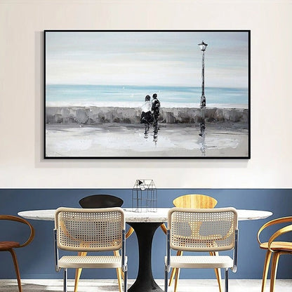 Romantic Seaside Stroll - Elegant Oil Painting of Couples by the Ocean