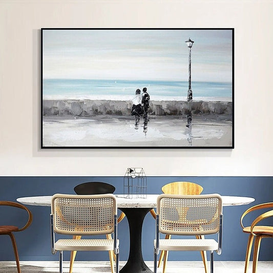 Romantic Seaside Stroll - Elegant Oil Painting of Couples by the Ocean