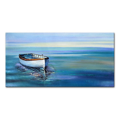 Tranquil Seascape with Rowboat – Colorful Coastal Oil Painting for Home Decor