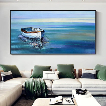 Tranquil Seascape with Rowboat – Colorful Coastal Oil Painting for Home Decor