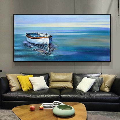 Tranquil Seascape with Rowboat – Colorful Coastal Oil Painting for Home Decor