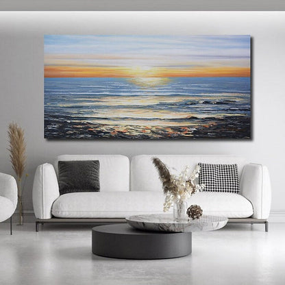 Serene Coastal Sunset Landscape Oil Painting for Home Decor