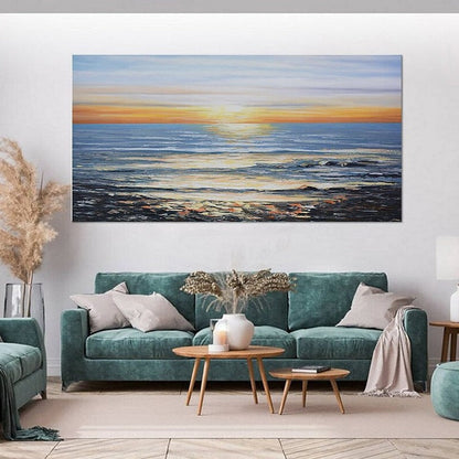 Serene Coastal Sunset Landscape Oil Painting for Home Decor