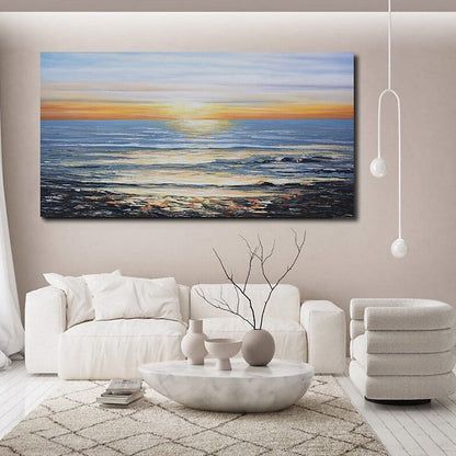 Serene Coastal Sunset Landscape Oil Painting for Home Decor