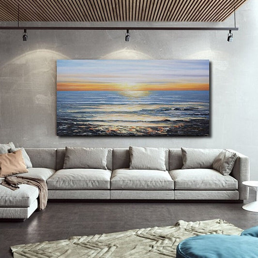 Serene Coastal Sunset Landscape Oil Painting for Home Decor