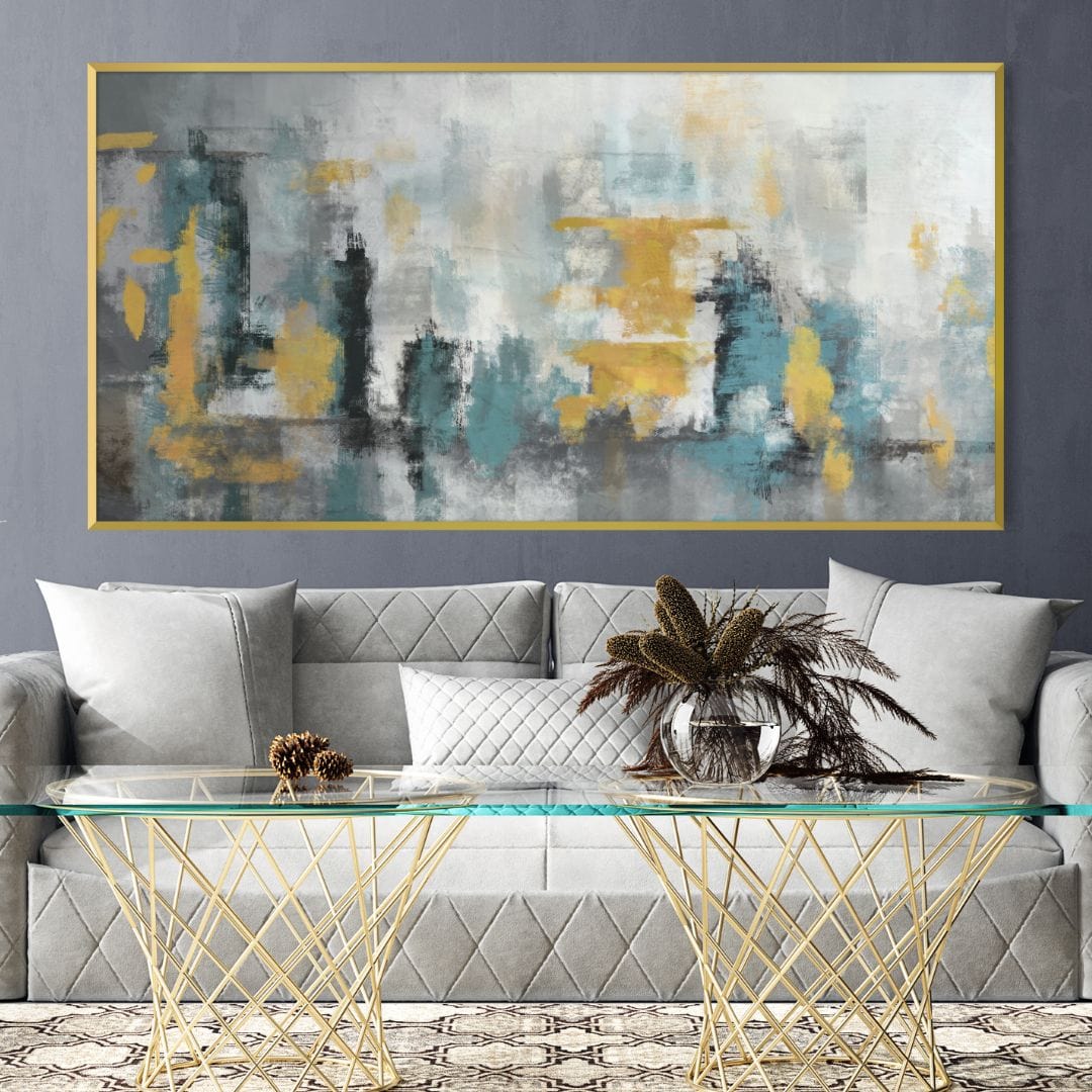 Abstract Oil Painting in Blue, Yellow, and Gray Tones for Modern Home Decor