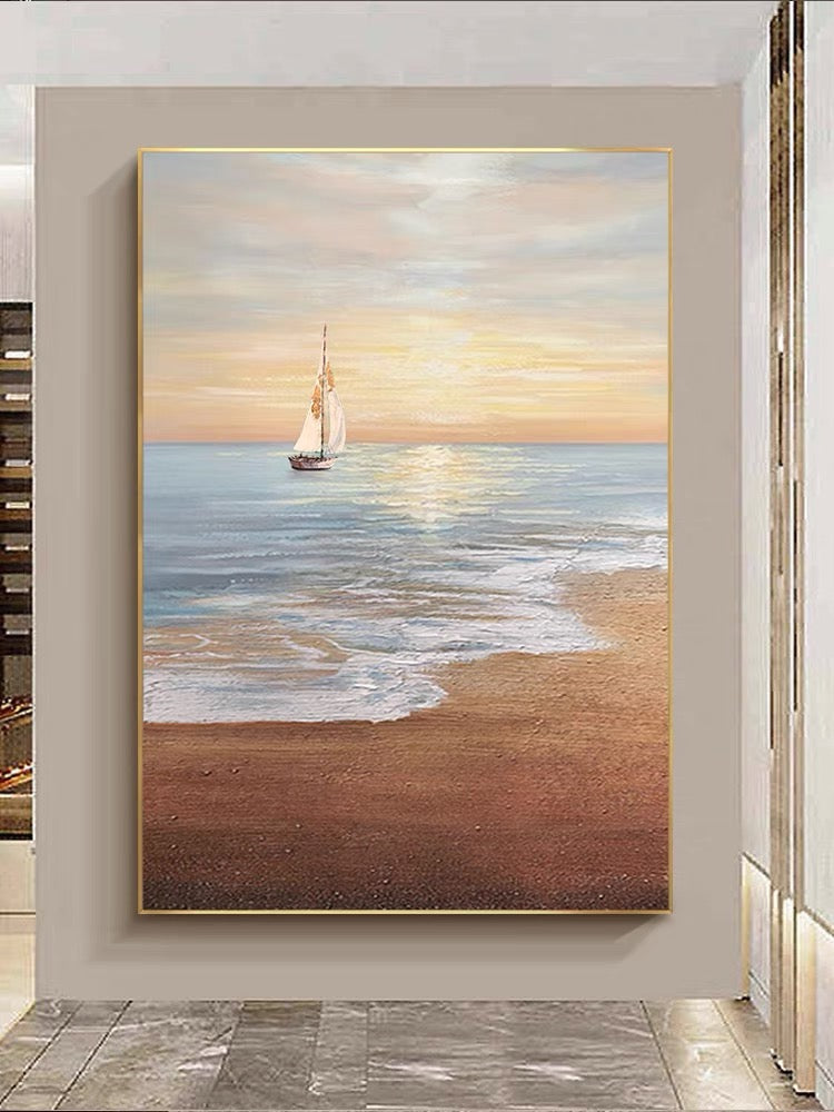 Tranquil Sailing Sunset on Ocean Waves - Serene Coastal Oil Painting