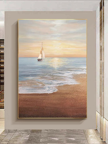 Tranquil Sailing Sunset on Ocean Waves - Serene Coastal Oil Painting