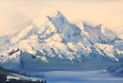 Breathtaking Mountain Landscape Oil Painting with Serene Lake Views