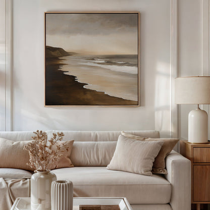 Serene Sandy Shoreline Oil Painting for Coastal Home Decor