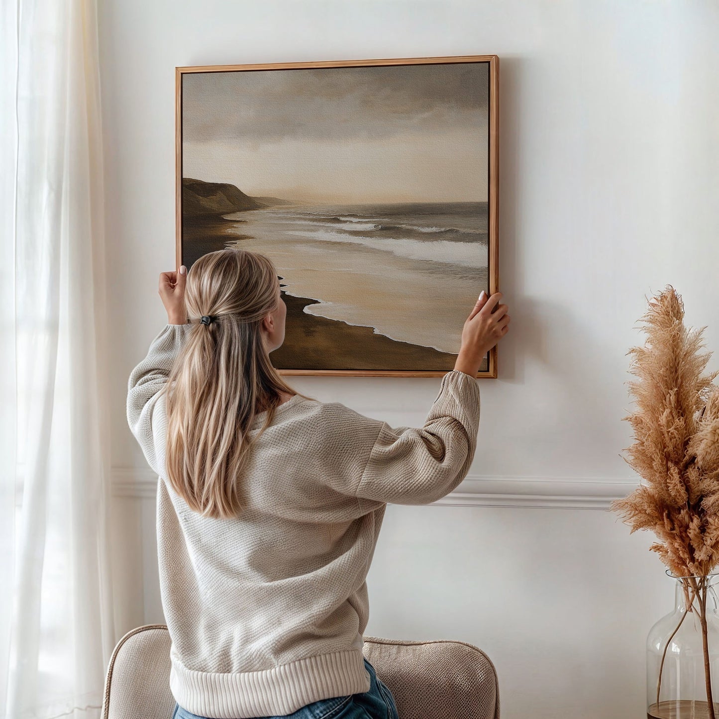 Serene Sandy Shoreline Oil Painting for Coastal Home Decor