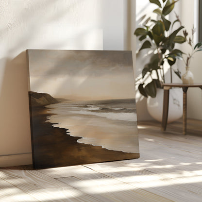 Serene Sandy Shoreline Oil Painting for Coastal Home Decor