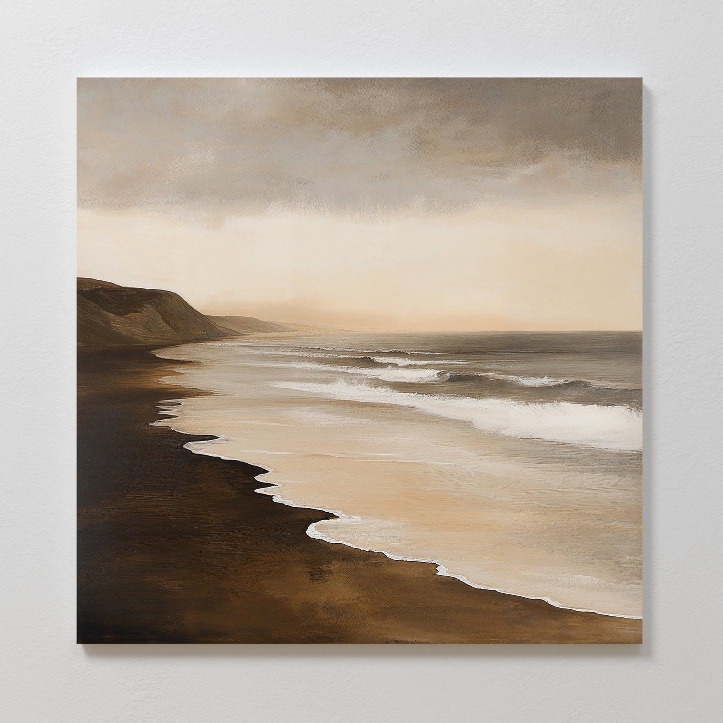 Serene Sandy Shoreline Oil Painting for Coastal Home Decor