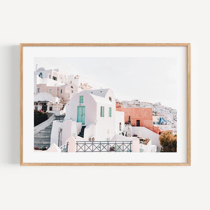 Serene Santorini Oil Painting with Iconic WhiteBuildings and Vibrant Blue Doors