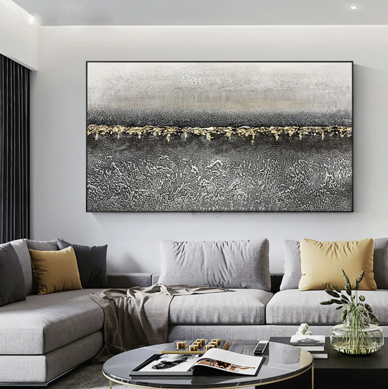 Abstract Elegance: Modern Oil Painting with Gold Accent for Stylish Decor