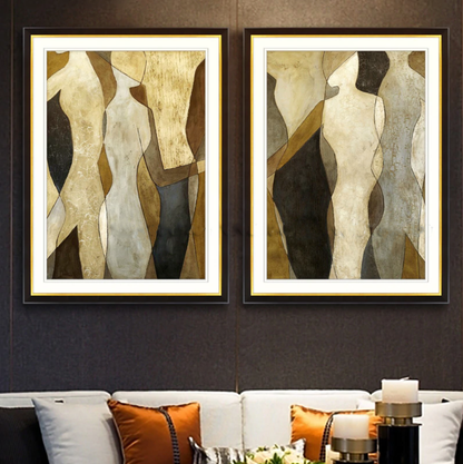 Abstract Embrace: Modern Oil Painting of Elegant Figures in Earth Tones