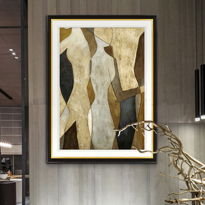 Abstract Embrace: Modern Oil Painting of Elegant Figures in Earth Tones