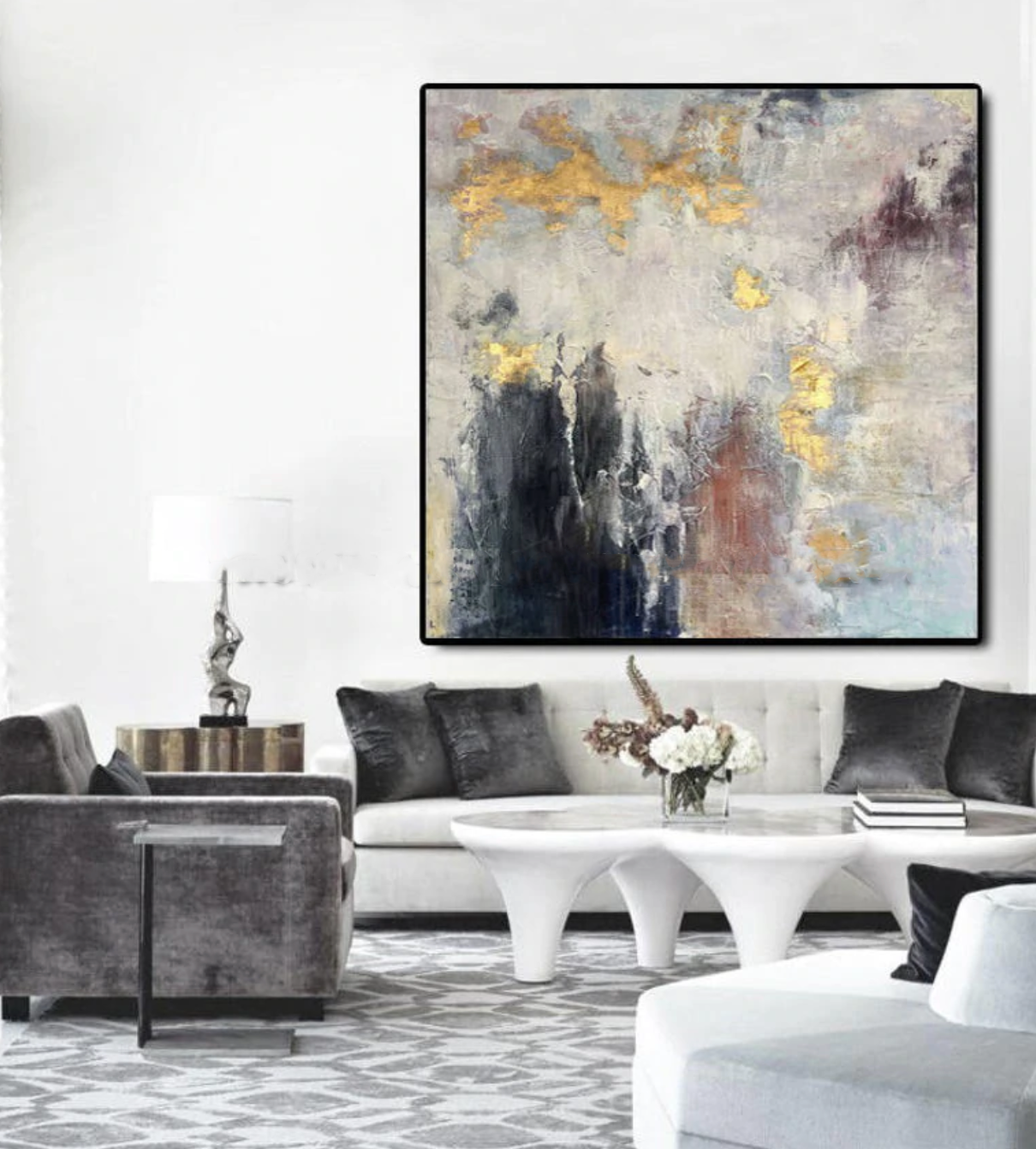 Abstract Elegance: Contemporary Oil Painting with Gold Accents for Luxurious Decor