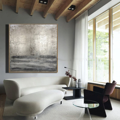 Contemporary Silver and Gray Abstract Oil Painting for Modern Home Decor