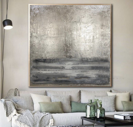 Contemporary Silver and Gray Abstract Oil Painting for Modern Home Decor