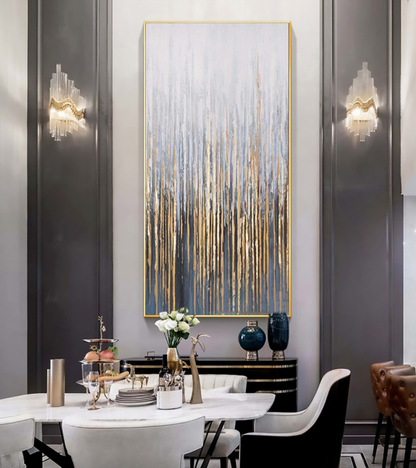 Contemporary Cityscape Oil Painting with Elegant Gold Accents and Modern Abstract Design