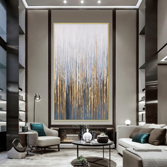 Contemporary Cityscape Oil Painting with Elegant Gold Accents and Modern Abstract Design