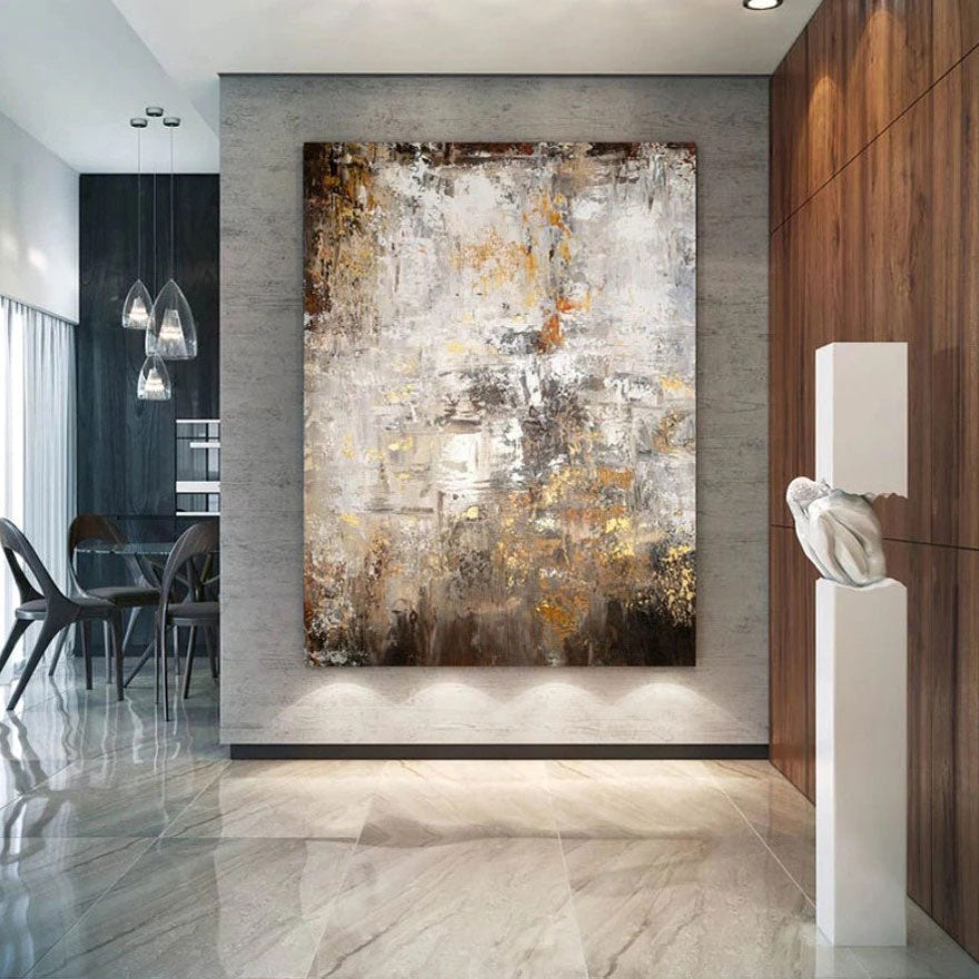 Abstract Gold and White Oil Painting for Elegant Home Décor